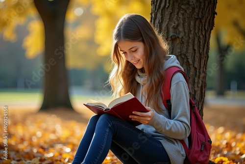 Girl student reading a book under a tree surrounded by fallen leaves.