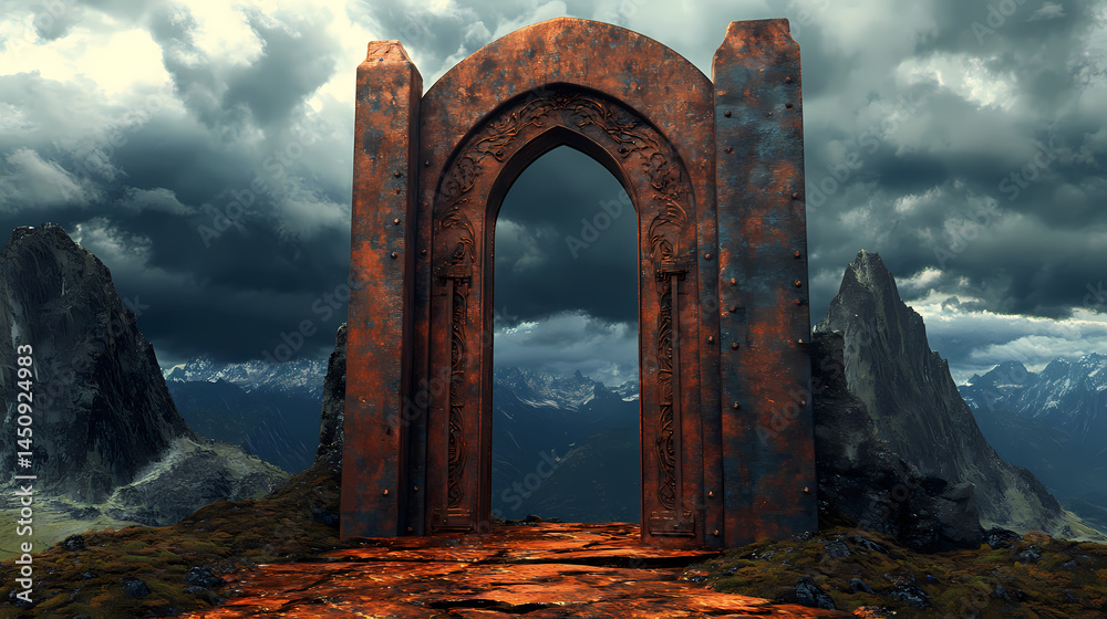 Fototapeta premium A portal to realms unknown: weathered gateway amidst a stormy vista. [Corroded Realms] | Copper Spires | oxidized heights. Illustration