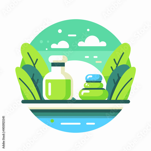 Detox, wellness retreat scene with green bottle and stones against foliage  