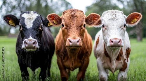 Three Cows in a Pasture - Black, Brown, and White Cattle