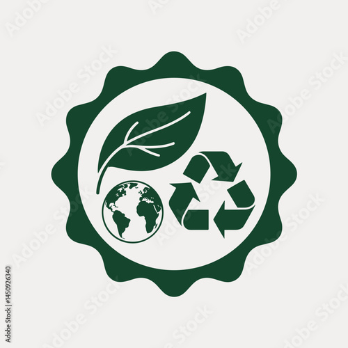 Eco Certification Badge with Leaf, Globe and Recycle Symbol
