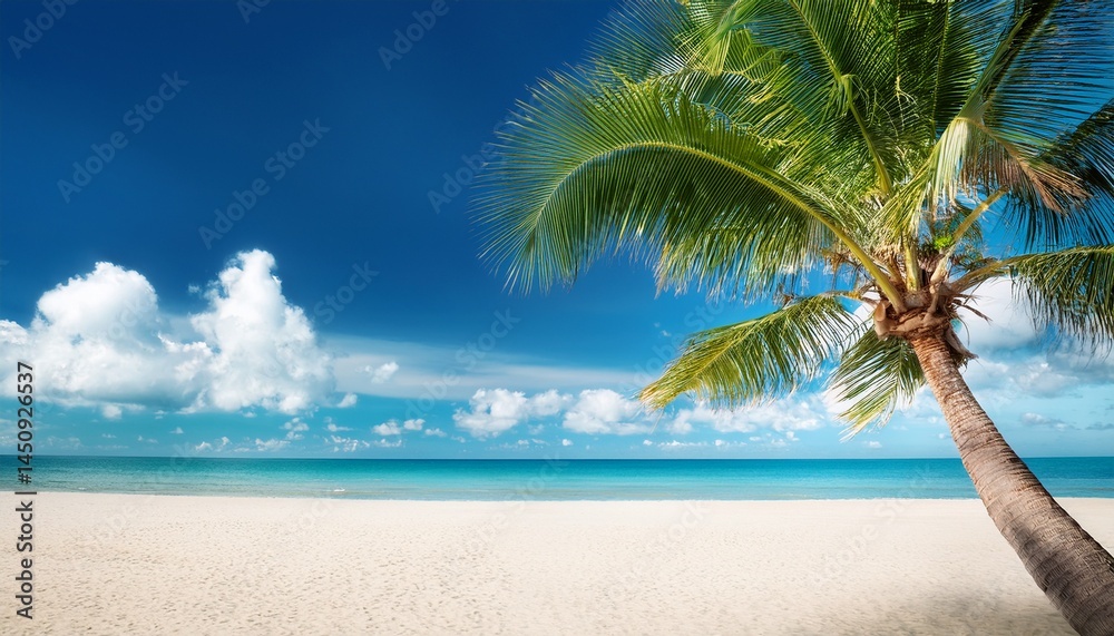 Fototapeta premium palm tree on tropical beach with blue sky and white clouds abstract background copy space of summer vacation and business travel concept