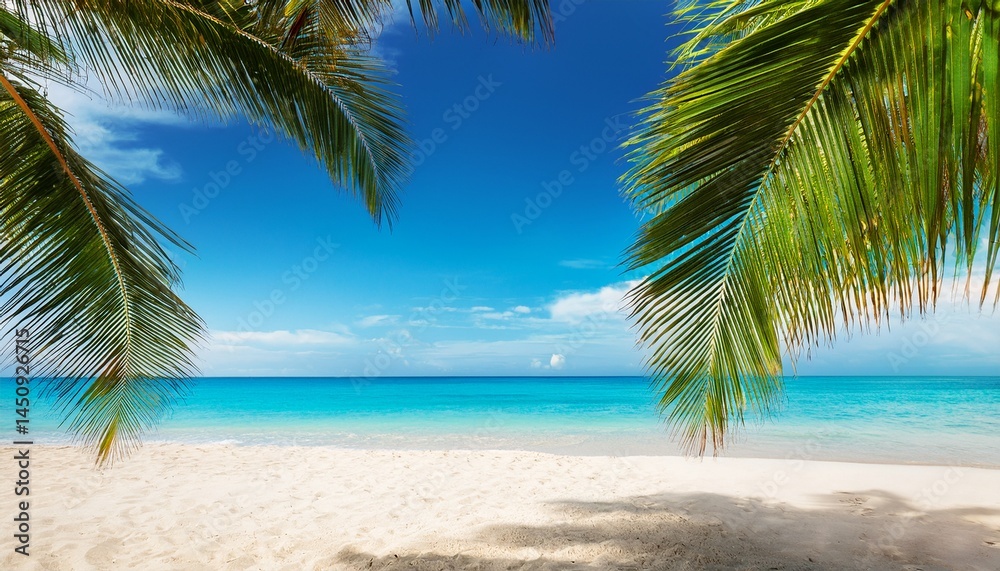 tropical beach with coconut palm tree and blue sky background summer vacation concept sunny beach with copy space tropical beach with coconut palm tree and blue sky background summer vacation concept sunny beach with copy space