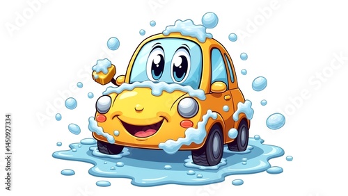 Cute cartoon car washes itself, smiling, bubbly, colorful, playful fun.