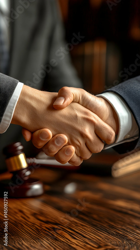 Close-up of two people shaking hands at a wooden table, likely in a legal setting.  Gavel and documents are visible in the background