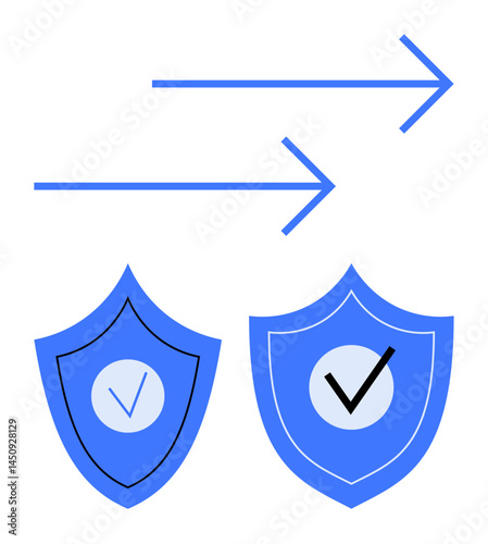 Arrows point forward above two safety shields marked with checkmarks, representing security and progress. Ideal for data transfer, internet safety, progress, approval concepts, security systems