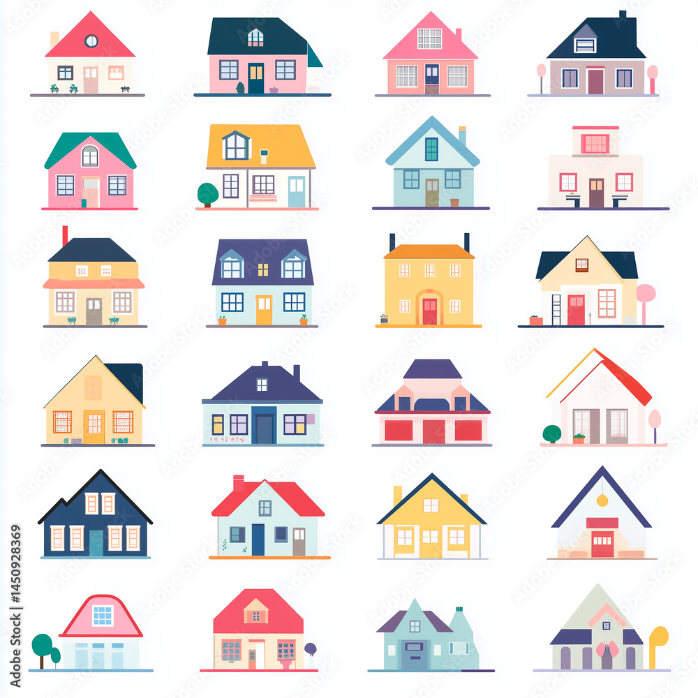 background image Grid of small houses, each house is unique and colorful, has different colored icons for different types of real estate. The background is white background image Grid of small houses, each house is unique and colorful, has different colored icons for different types of real estate. The background is white