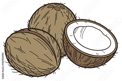 2 Photorealistic coconuts, whole and halved, brown fibrous exterior, white flesh interior, tropical fruit, high detail, studio lighting, white background, food photography, sharp focus, textured surfa