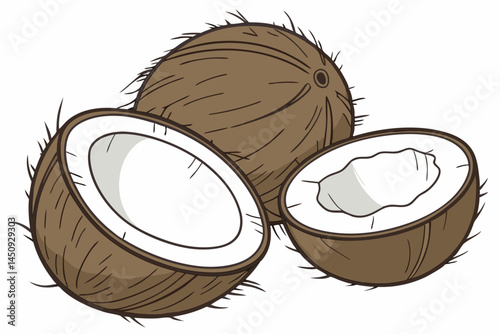 2 Photorealistic coconuts, whole and halved, brown fibrous exterior, white flesh interior, tropical fruit, high detail, studio lighting, white background, food photography, sharp focus, textured surfa