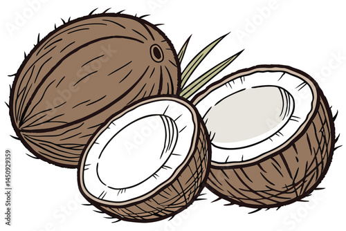 2 Photorealistic coconuts, whole and halved, brown fibrous exterior, white flesh interior, tropical fruit, high detail, studio lighting, white background, food photography, sharp focus, textured surfa