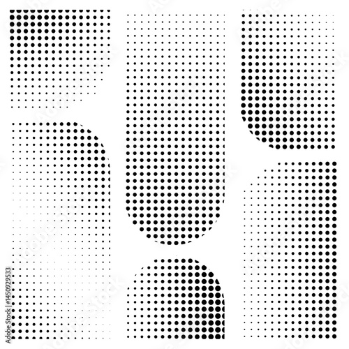 Halftone Dot rectangle Gradient Texture Vector Set with Transparent Background, Black and White Retro Comic Dotted Overlay Patterns, Abstract Grayscale Dot Mesh Effect, Minimal Grainy Pop Art Texture