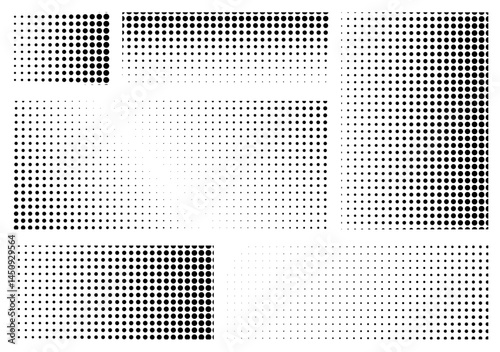 Halftone Dot rectangle Gradient Texture Vector Set with Transparent Background, Black and White Retro Comic Dotted Overlay Patterns, Abstract Grayscale Dot Mesh Effect, Minimal Grainy Pop Art Texture