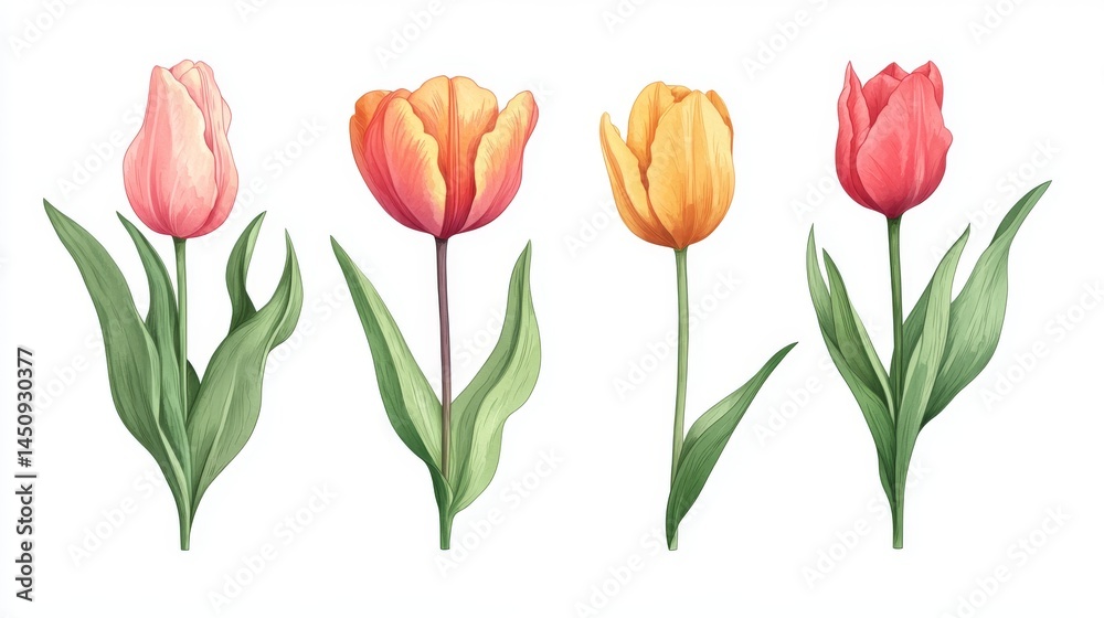 A delicate floral illustration featuring a row of vibrant tulips in pastel colors, epitomizing the essence of spring A delicate floral illustration featuring a row of vibrant tulips in pastel colors, epitomizing the essence of spring