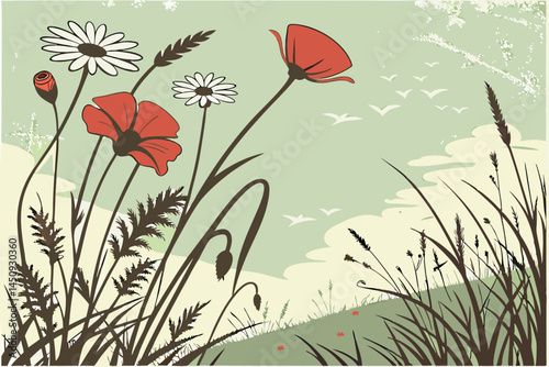 3 Wildflower meadow, textured background, vintage feel, muted green tones, red poppies, white daisies, soft sky, grunge texture, dreamy atmosphere, elongated panoramic composition, botanical illustrat