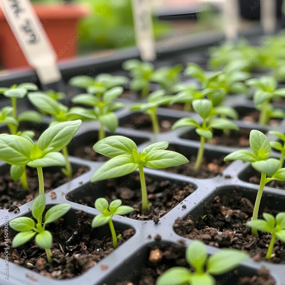 close up of basil seedlings - aromatic plants close up of basil seedlings - aromatic plants