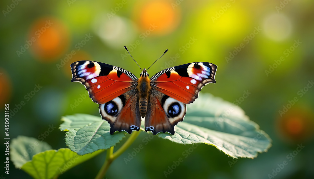 Detailed close-up of a colorful butterfly on a leaf, outdoor garden setting during a bright afternoon Detailed close-up of a colorful butterfly on a leaf, outdoor garden setting during a bright afternoon