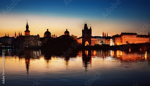 silhouette of prague at night city skyline with reflection in the water travel prague background illustration
