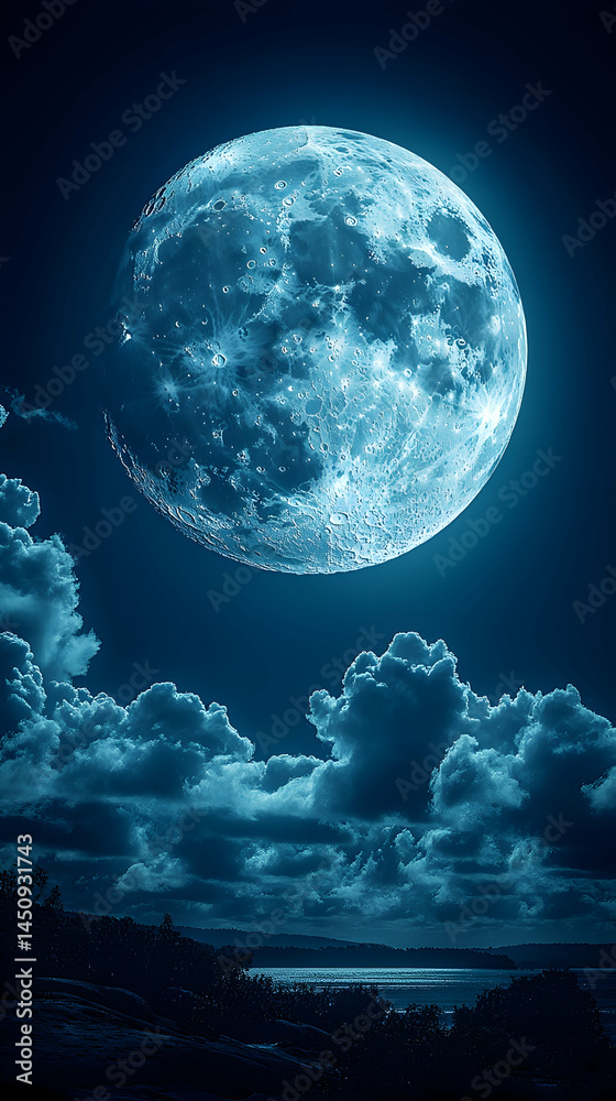 Fototapeta premium Majestic moonlit sky with large, luminous moon and dark clouds