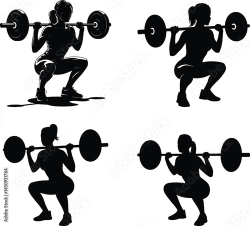 Set of Woman Squatting with Barbell Silhouette – Full Body Gym Workout Pose in Solid Black Vector on White Background