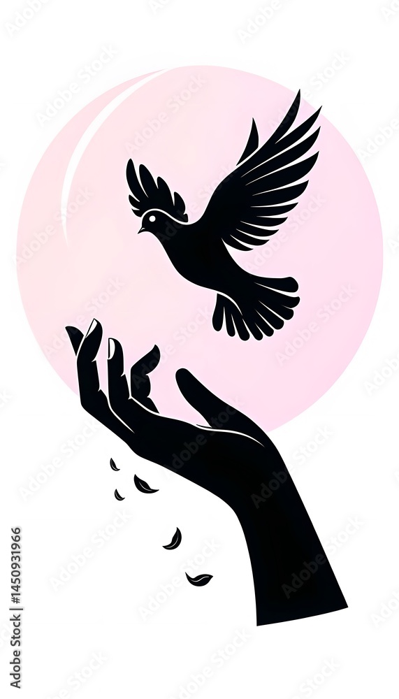 Fototapeta premium Elegant Hand Releasing Dove Silhouette on Pastel Pink Background – Mobile Wallpaper Design
