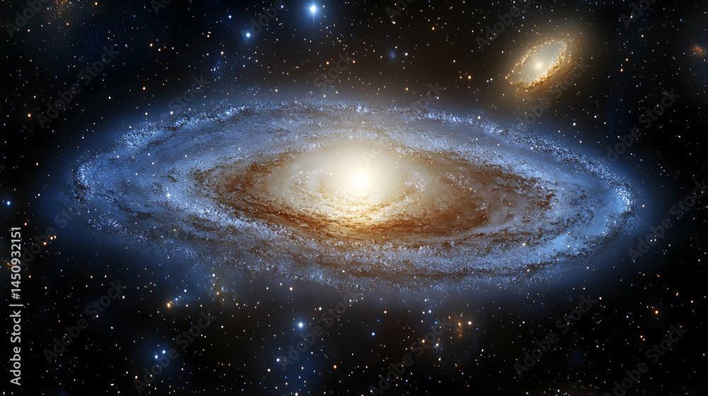 Fototapeta premium Spiral galaxy bathed in cosmic dust and starlight, with numerous stars scattered across the backdrop