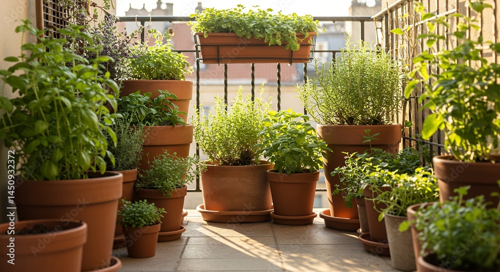 Fototapeta premium Urban balcony garden with herbs and plants