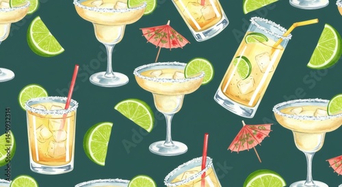 Seamless pattern of refreshing margaritas with lime slices and cocktail umbrellas on dark teal