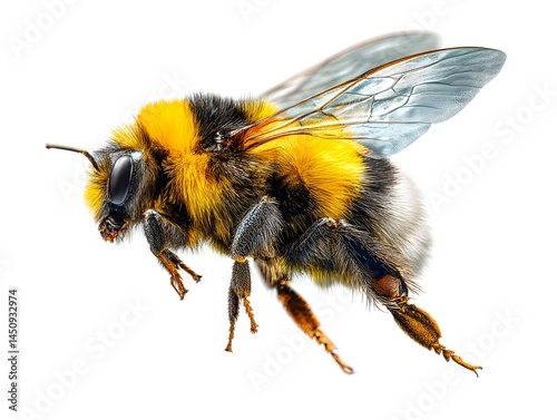 a stunning bumblebee is flying isolated on a white background
