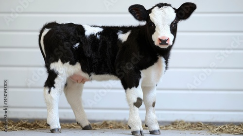 Adorable Black and White Calf Standing in a Barn