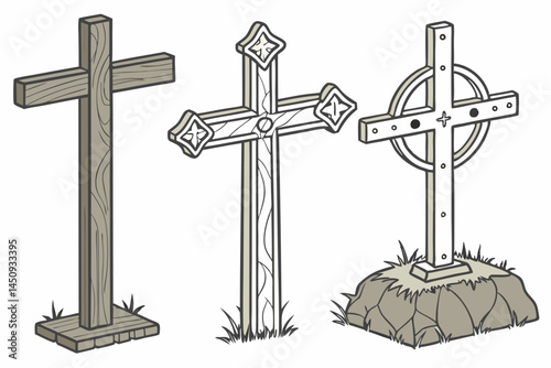 5 Wooden crosses, rustic religious symbols, weathered wood textures, antique Christian icons, distressed wooden crosses, varied wood grains, old church artifacts, religious relics, simple cross design