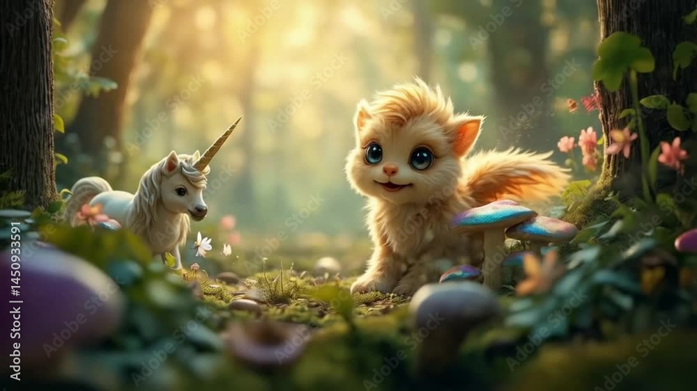 A cartoon of a cat and a unicorn in a forest