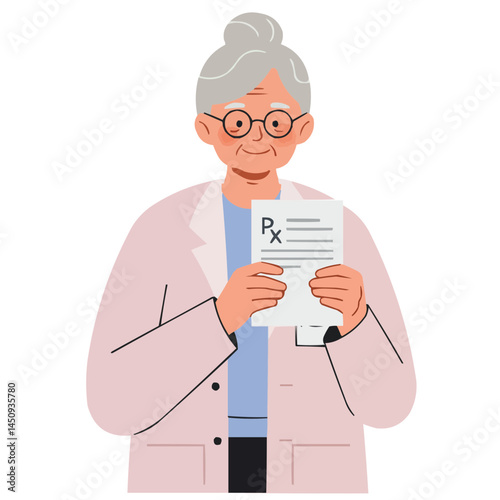 Elderly woman holding prescription - senior lady carefully examining medication prescription, her face showing concern and wisdom of life experience in medical matters.