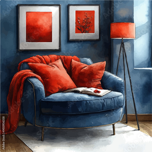 Cozy Armchair With A Floor Lamp Beside It, watercolor vector, isolated on a white background.