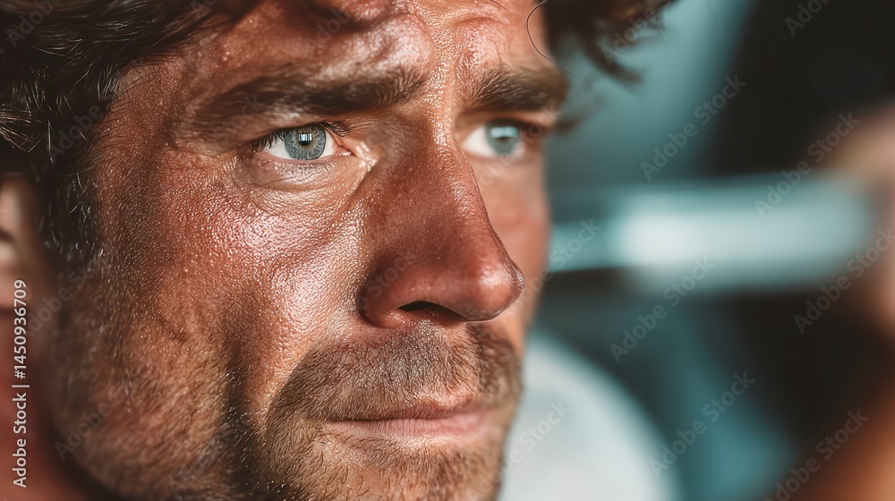 Fototapeta premium Intense CloseUp of a Mans Face with Blue Eyes and Sweat Perfect for Fitness Emotion and Hu