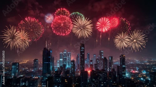 A city skyline is lit up with fireworks, creating a festive