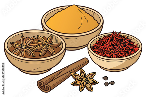6 Wooden bowls, exotic spices, cinnamon powder, star anise, saffron threads, cinnamon sticks, dried flower petals, vibrant colors, aromatic ingredients, culinary photography, high detail, white backgr