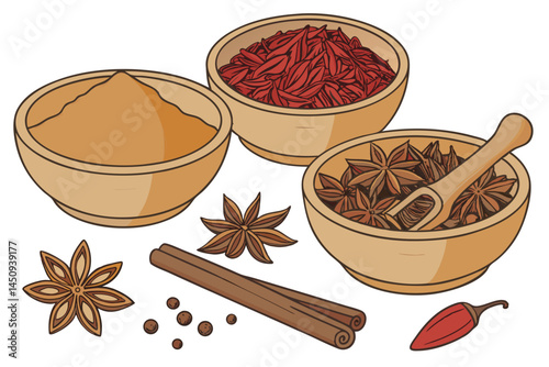 6 Wooden bowls, exotic spices, cinnamon powder, star anise, saffron threads, cinnamon sticks, dried flower petals, vibrant colors, aromatic ingredients, culinary photography, high detail, white backgr