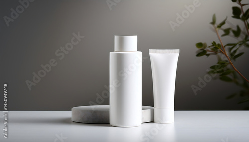 Minimalist Skincare: White Bottles on Grey, Botanical Accent