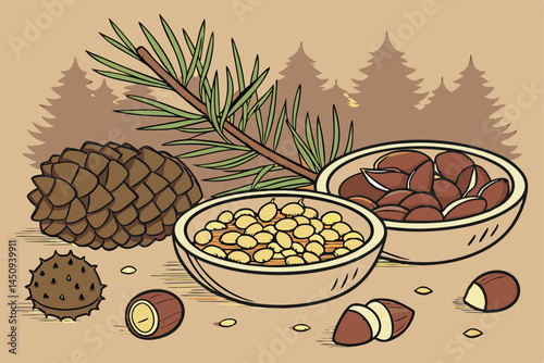 7 Pine cone, pine nuts, pine branch, tiger nuts, chufa sedge tubers, dried earth almonds, chestnuts, roasted chestnuts, autumn harvest, natural ingredients, organic snacks, forest nuts, seasonal foods