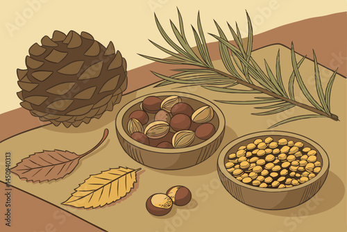 7 Pine cone, pine nuts, pine branch, tiger nuts, chufa sedge tubers, dried earth almonds, chestnuts, roasted chestnuts, autumn harvest, natural ingredients, organic snacks, forest nuts, seasonal foods