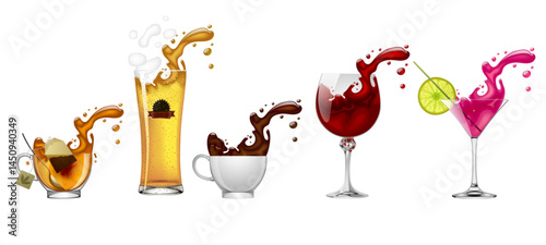 Set of transparent glasses and cups with colorful splashes of various drinks isolated on white. Vector illustration in 3d style