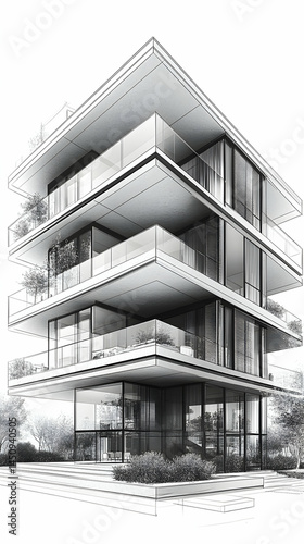 Modern multi-story building architectural sketch  Large windows balconies  landscaping visible Clean lines  layere