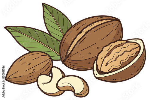 8 Photorealistic nuts, almonds and Brazil nuts, green leaves, whole and cracked shells, high-resolution texture, studio lighting, white background, food photography, closeup macro, vibrant colors, ric