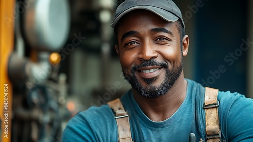 Smiling plumber in overalls and cap, standing confidently in workshop. Celebrating skilled trades and essential services. Portrait concept for World Plumbing Day