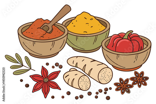 9 Vibrant spice powders, wooden bowls, ginger root, nutmeg, bell peppers, colorful ingredients, culinary display, aromatic spices, fresh produce, cooking ingredients, high-contrast photography, white 