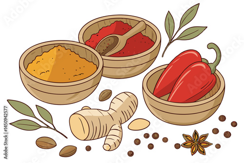 9 Vibrant spice powders, wooden bowls, ginger root, nutmeg, bell peppers, colorful ingredients, culinary display, aromatic spices, fresh produce, cooking ingredients, high-contrast photography, white 
