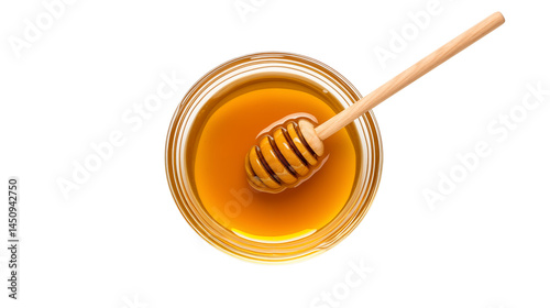 Top view of a glass bowl containing honey with a wooden dipper inside isolated on transparent background	