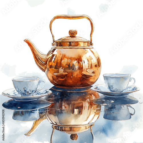 illustration of Copper Kettle From A Rural Kitchen, watercolor vector, isolated on a white background.