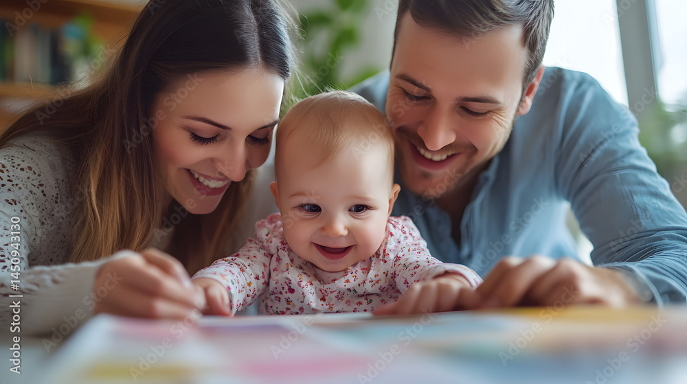 Obraz premium Family Bonding: A radiant family finds joy in simple moments, a father, mother, and their giggling baby are engrossed in a storybook, fostering a bond of love and connection.