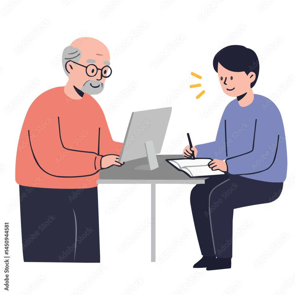 Elderly man tutoring student - wise senior man with kind smile teaching young pupil at table with books, atmosphere of warm mentorship and knowledge sharing. Elderly man tutoring student - wise senior man with kind smile teaching young pupil at table with books, atmosphere of warm mentorship and knowledge sharing.